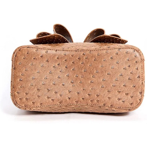 NEW!!! 3D Bow Vegan Leather 3-Way Wear Ostrich Beige Satchel, Crossbody Shoulder - Picture 7 of 13